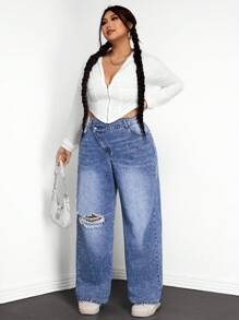 SHEIN EZwear 大码女式不对称腰部口袋破洞阔腿宽松休闲牛仔裤 - 藍色 - 查看 2