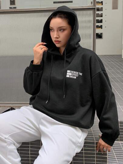 Plus Size Women Loose Fit Letter Print Hoodie, Streetwear Style, Spring/Autumn,Fall Women Clothes Sweatshirt
