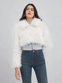 SHEIN EZwear Solid Hook And Eye Placket Fuzzy Coat - White - View 5