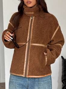 SHEIN EZwear Women's Casual Retro Daily Zip-Up Stand Collar Loose Jacket, Autumn/Winter - Brown - View 5