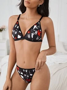 IT x SHEIN Women's Black Printed Bikini Bra And Thong Lingerie Set, Comfortable And Sexy Casual - Black - View 5