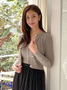 DAZY Set de 2 piezas Top de camiseta y Cárdigan de unicolor para mujer, ropa de otoño Suéter de mujer