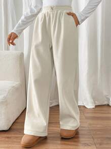 EMERY ROSE 女式厚款保暖灯芯绒休闲裤，秋冬款 - 杏色 - 查看 5