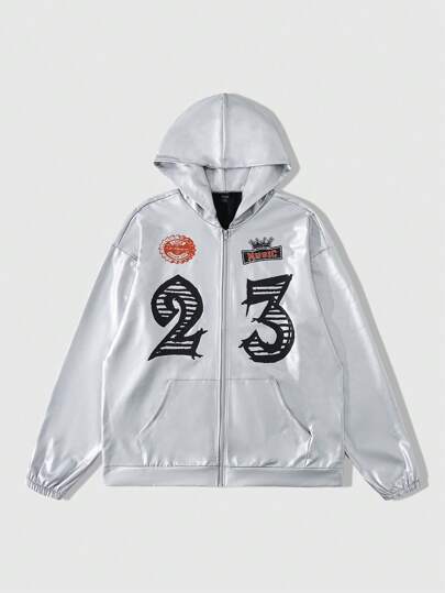 Street Life Veste à capuche zippée décontractée imprimée de chiffres pour hommes, style streetwear, en métal brillant, pour l'automne