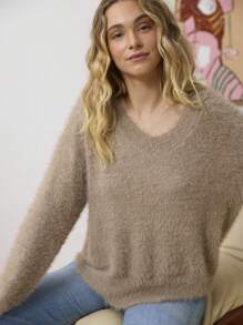 Aralina 宽松柔软 V 领长袖宽松针织毛衣