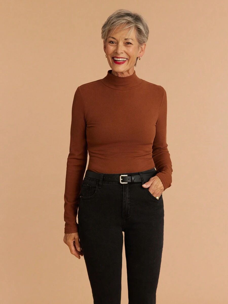 SHEIN LUNE 1pc Fashion Granny Brown Tight Fitted Warm T-Shirt For Women