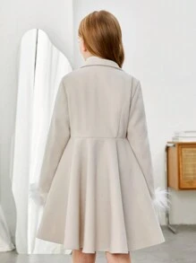 SHEIN Abrigo de manga larga con cuello vuelto, talle ceñido y aplique de borreguito para niñas preadolescentes, estilo casual y minimalista, cómodo, para Navidad