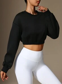 Easithlete Women's Solid Color Round Neck Drop Shoulder Long Sleeve Cropped Casual Fitness Sweatshirt - Black - View 3
