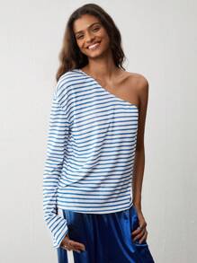Flirla 1pc Women Blue Stripe Asymmetric One Shoulder Top, Minimalist Design, Autumn/Winter