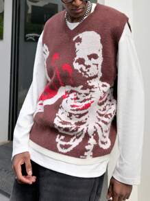Manfinity EMRG Men's Casual Skull Pattern Knitted Sweater Vest, Spring And Autumn