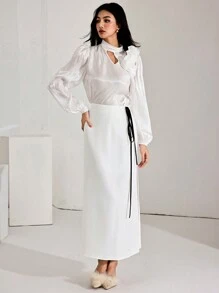 Modelyn 1 pieza Falda elegante blanca de mujer con cintura anudada al costado, adecuada para ir a trabajar - Blanco - Ver 5