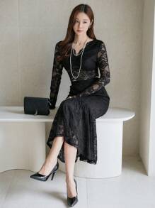 DAZY V-Neck Cropped Lace Blouse And Fish Tail Hem Skirt 2pcs Set For Women,Fall Clothes - Black - View 4