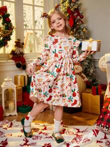 SHEIN Vestido casual de moda con estampado navideño para niña joven, adecuado para reuniones festivas en otoño e invierno - Multicolor - Ver 1