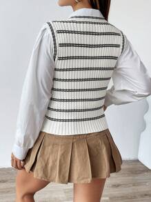 SHEIN Unity Ladies Front Button Sleeveless Striped Minimalist Casual Sweater Vest - White - View 2