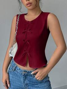 Rafferiza 女士休闲纯色蝴蝶结装饰短款无袖背心，夏季 - 酒紅色 - 查看 3