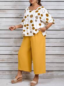 EMERY ROSE Plus Size 2pcs Set - Allover Print Short Sleeve Crew Neck Top And Pants, Casual Outfit