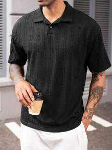 Manfinity Homme Men's Minimalist Textured Fabric Black Short Sleeve Polo Shirt - Black - View 6