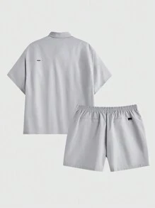 Manfinity VCAY 2pcs/Set Plus Size Men's Casual Loose Woven Drop Shoulder Short Sleeve Shirt & Drawstring Waist Straight Shorts Set - Blue - View 4