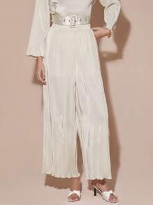 Enchnt Women Solid Color Elastic Waist Frill Trim Straight Loose Fashion Pants - Apricot - View 6