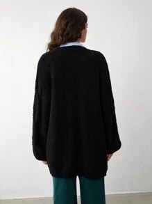 SHEIN Unity 1 件女式黑色纹理针织休闲前开长款开衫，简约百搭，适合秋冬季 - 黑色 - 查看 2