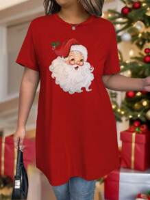 Flirla Plus Size Christmas Loose Crew Neck Dress For New Year Clothes