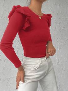 Cottnline 95% Cotton Ribbed Knit Ruffle Trim Tee - Red - View 3