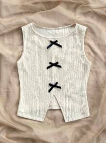 Soleia 女式圆领休闲拼色蝴蝶结后开衩无袖上衣 - 杏色 - 查看 4