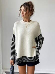 SHEIN Unity Sweater Pullover Longgar Lengan Kelelawar Motif Garis Kasual Wanita, Atasan Lengan Panjang, Pullover Rajut Musim Gugur Musim Dingin - MultiWarna - View 6
