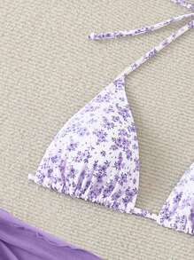 Swim Mod 女士花卉印花露背系带比基尼套装，搭配纯色扭结下摆裙子，夏季海滩 - 紫色 - 查看 4