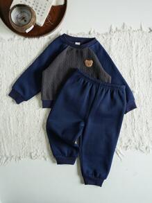 Cozy Pixies 2pcs Baby Boy Contrast Color Raglan Sleeve Crew Neck Long Sleeve Top And Jogger Pants Set - Blue - View 3