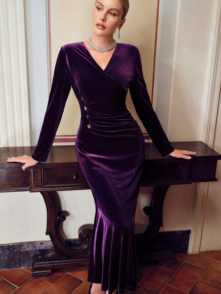 ZEYLAH VELVET SURPLICE NECK BUTTON RUCHED WAIST MERMAID HEM DRESS