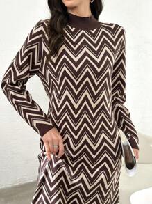 Graceveil 1 件女式全印花立领优雅长袖毛衣针织连衣裙 - 彩色 - 查看 5