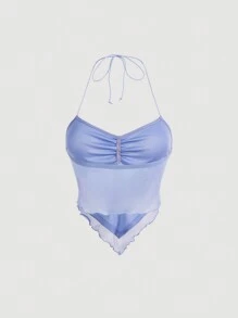 SHEIN ICON Ruched Tie Backless Hanky Hem Mesh Halter Top