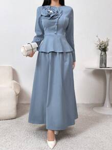 Modelyn 1 chiếc váy dài tay cổ tròn trang trí hoa thanh lịch cho nữ váy dạ hội dài - Màu xanh lam - Xem 5