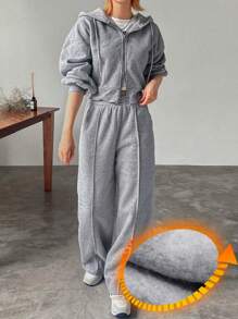 FRIFUL 2 件女士休闲套装 - 落肩拉链连帽衫和休闲裤，春秋季 - 灰色 - 查看 8