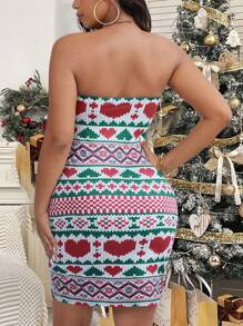 SHEIN Clasi Plus Size Fashion Patchwork Furry Trim Heart Print Bandeau Bodycon Dress