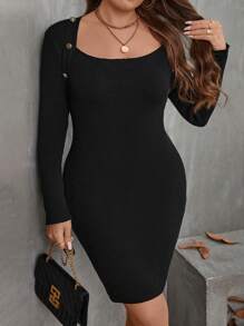 SHEIN LUNE Plus Size Women Solid Color Round Neck Long Sleeve Fitted Elegant Sweater Dress For Autumn/Winter