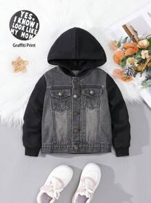 Veste à capuche tricotée style patchwork décontractée, jean délavé déchiré avec impression de slogan décontractée pour jeunes filles - Noir - Voir 2