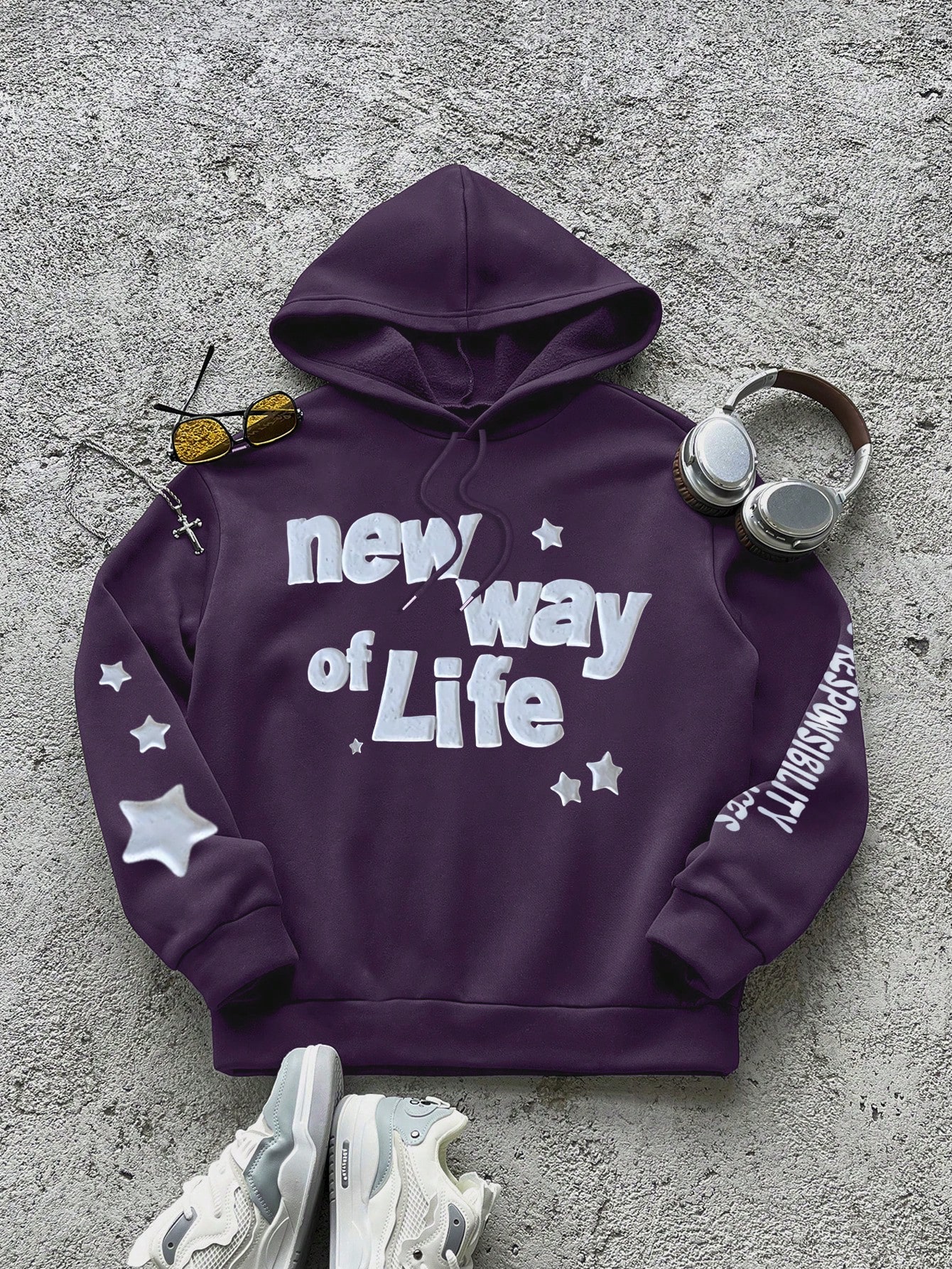Men's Autumn Slogan & Star Print Drawstring Hooded Sweatshirt