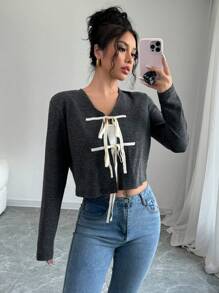 SHEIN Unity Chaqueta corta de colores bloqueados con cordón en el bajo, Otoño - Gris - Ver 5
