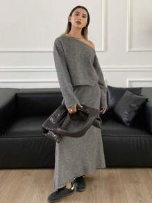 DAZY 2 pièces/set Pull à manches longues col asymétrique et jupe mi-longue en tricot pour femmes, tenue décontractée, automne