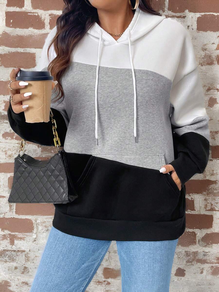 SHEIN LUNE Plus Size Color Block Hooded Drawstring Pocket Long Sleeve Sweatshirt