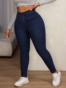 SHEIN SXY Quần Jeans Skinny Co Giãn Xếp Ly Cạp Cao Size Lớn - Rửa tối - Xem 1