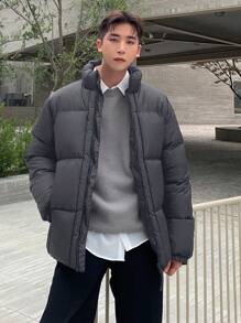 DAZY 1pc Men's Solid Color Zipper Winter Casual Padded Coat,Fall Clothes Jacket - Grey - View 5