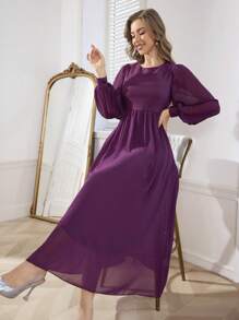 Modelyn Women Loose Chiffon Modest Long Sleeve Dress - Violet Purple - View 3