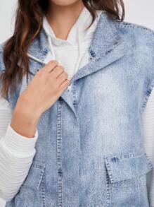 SHEIN EZwear 女士秋冬牛仔效果印花宽松休闲立领背心夹克 - 藍色 - 查看 7