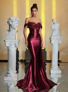 Glamrae 优雅华丽的奢华勃艮第露肩 3D 花卉珍珠亮片拼接弹力缎面褶皱侧襟鱼尾连衣裙，适合婚礼活动派对节日、舞会晚宴礼服、婚礼宾客礼服、正式礼服、晚礼服、长袍 - 酒紅色 - 查看 6