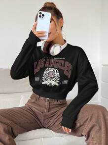 Muchica 女式休闲日常字母印花落肩短款运动衫，秋季 - 黑色 - 查看 4