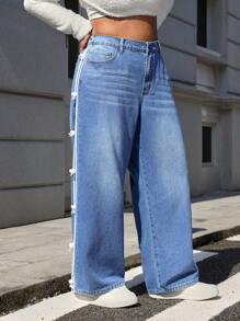 SHEIN EZwear 大码休闲洗水牛仔裤，带蝴蝶结装饰，宽松版型，适合秋季 - 藍色 - 查看 5