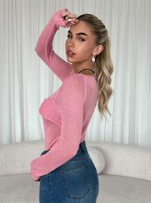 Chiquease Pullover tricoté rose minimaliste pour femmes, automne, hiver - Rose bonbon - Voir 2